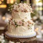 A stunning 2-tier wedding cake with smooth buttercream frosting, intricate piping details, and fresh edible flowers, elegantly displayed on an ornate cake stand with soft, romantic lighting.