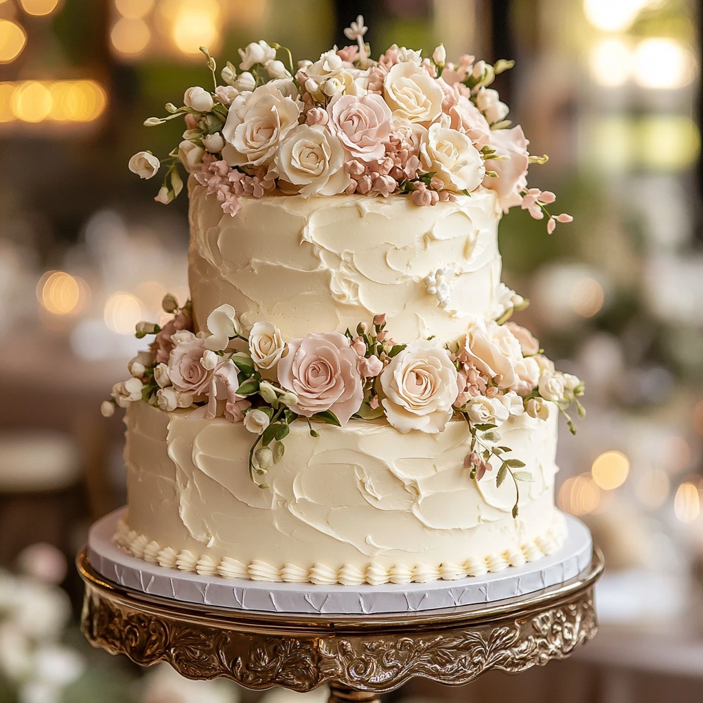 A stunning 2-tier wedding cake with smooth buttercream frosting, intricate piping details, and fresh edible flowers, elegantly displayed on an ornate cake stand with soft, romantic lighting.
